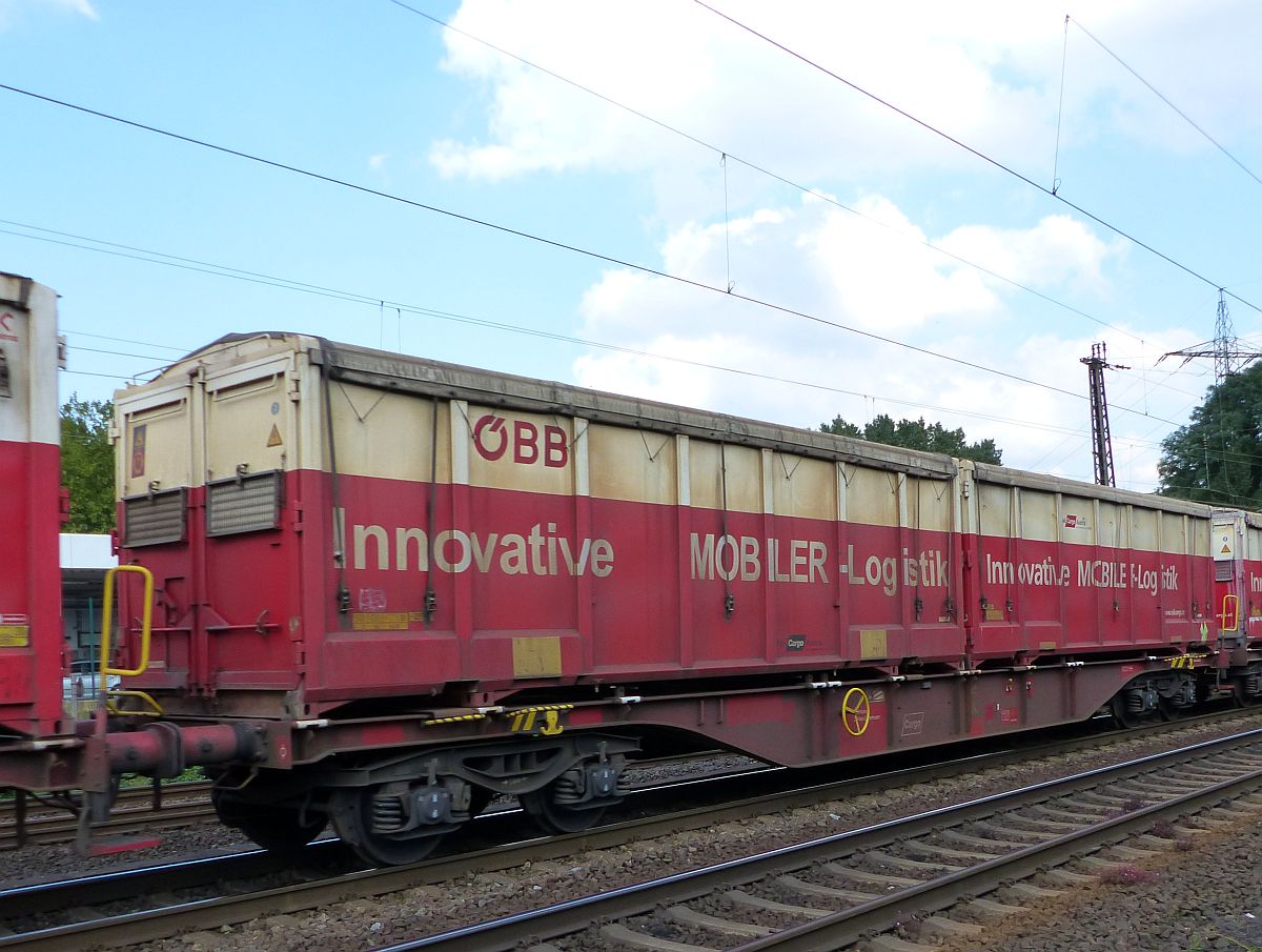 Sggmrrss-y Drehgestell-Containertragwagen der BB in berhausen am 11-09-2015.

Sggmrrss-y containerdraagwagen van de BB Oberhausen, Duitsland 11-09-2015.