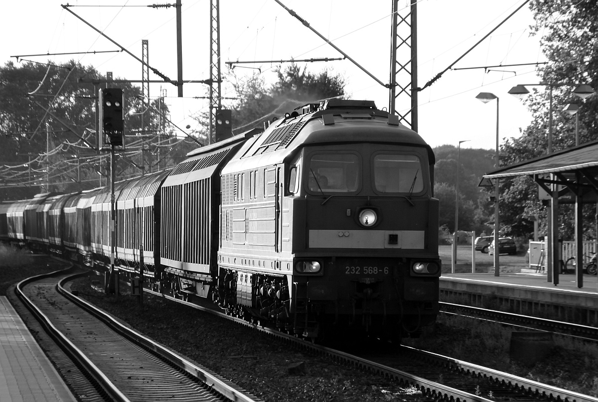 So schön Sonnenuntergänge auch sind das Gegenlicht ist nicht immer von Vorteil deswegen gibts mal ein paar s-w Aufnahmen...232 568-6 mit Umleiter-Gz in Schleswig. 23.07.14