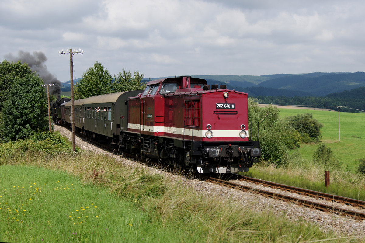 Sonderzug mit der 202 646-6 auf der Fahrt nach Schwarzburg am 14. August 2010. Schiebedienst leistete die 65 1049-9.
Foto: Walter Ruetsch