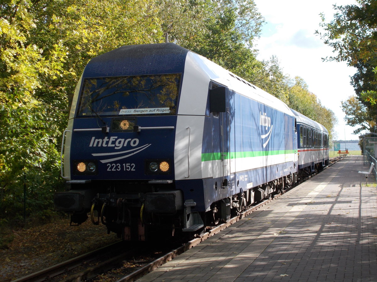 Statt eine Ferkeltaxe,für den PRESS 650 032,setzt die PRESS die IntEgro 223 152 mit einem Steuerwagen ein.Aufnahme,am 09.Oktober 2017,in Lauterbach Mole.