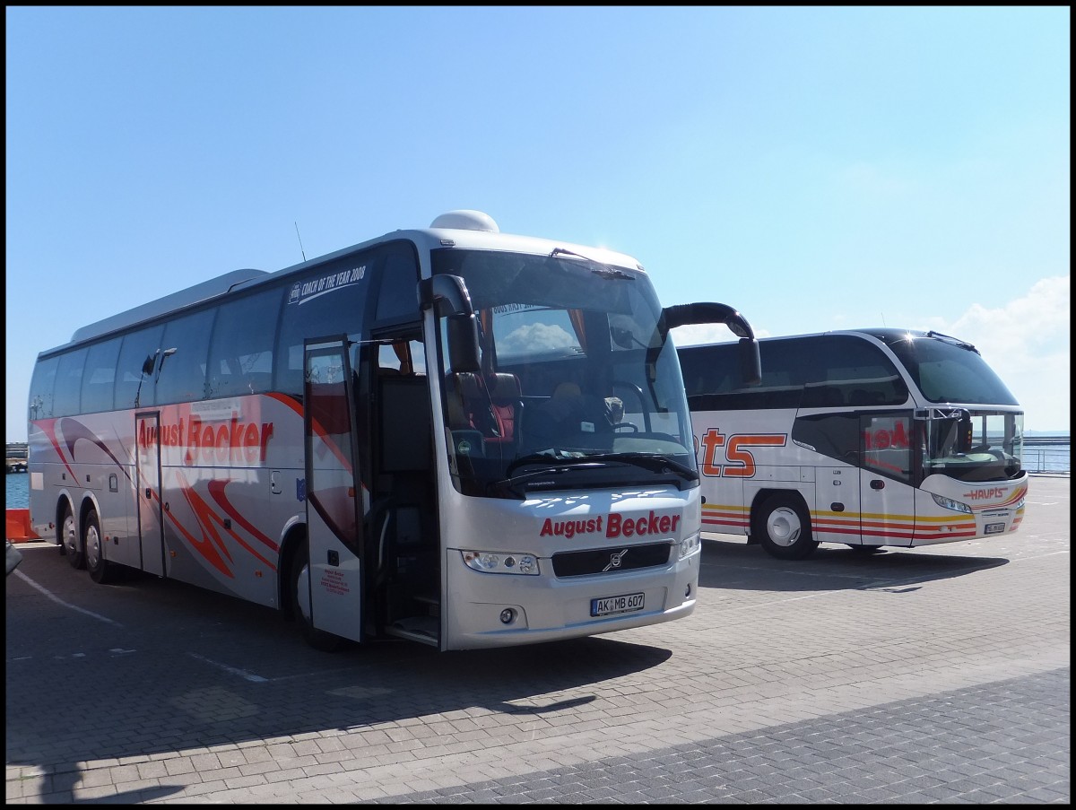 Volvo 9700 von August Becker aus Deutschland und Neoplan Cityliner von Haupts aus Deutschland im Stadthafen Sassnitz.