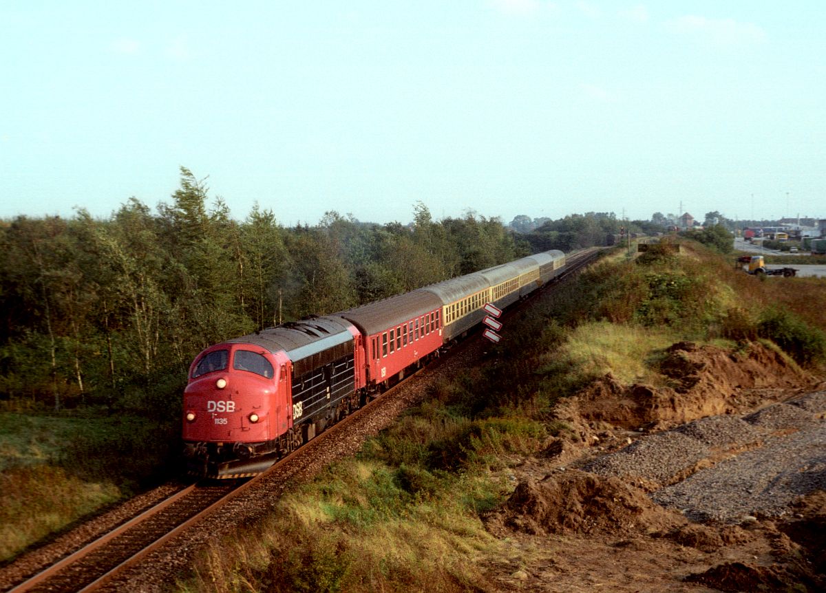 Von 1979 bis 2004 war die MY 1135 in der schwarz-roten Farbgebung unterwegs, hier vor dem D 333 Köln-Flensburg-Frederikshavn bei der Ausfahrt aus Pattburg 24.9.1981 