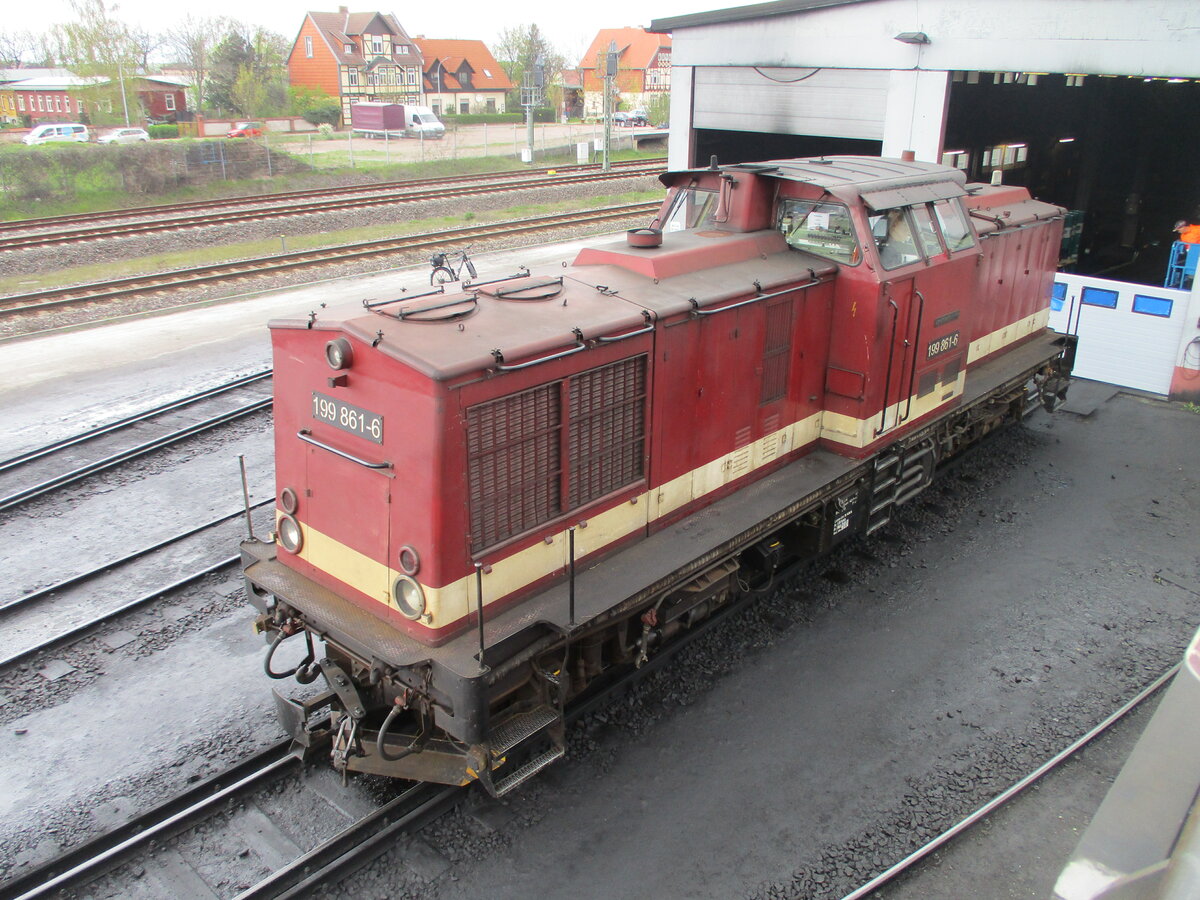 Von der Aussichtsplattform konnte ich,am 24.April 2023,die,in der Einsatzstelle Wernigerode, abgestellte 199 861 fotografieren.