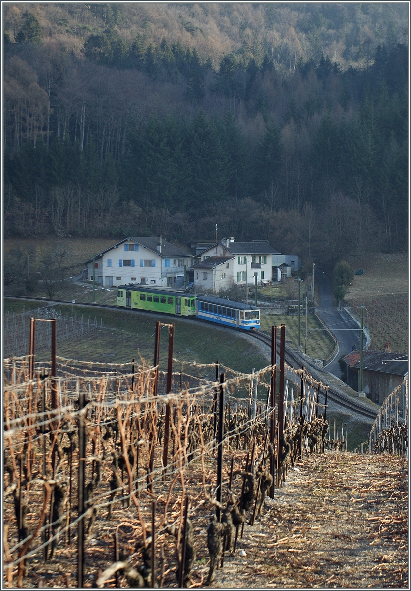Während der BDe 4/4 403 bereits in den neuen TPC Farben lackiert ist, zeigt sich der (ex BTL) Bt 432 noch im gefälligen ASD Blau. 

Der Zug ist in den Weinbergen oberhalb von Aigle auf der Fahrt nach Les Diablerets. 

4. Feb. 2011