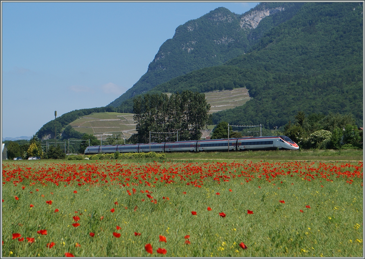 Zwischen Yvorne und Rochers VD fährt eine SBB ETR 610 als EC 32 Richtung Genève. 
27. Mai 2015