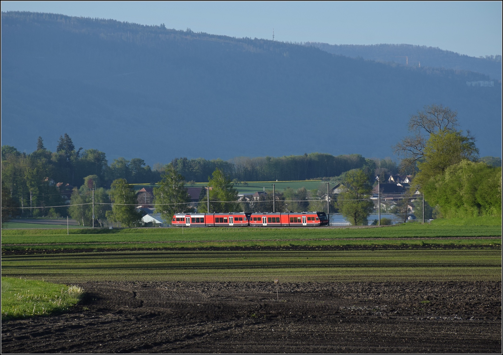 Auf der Biel-Täuffelen-Ins Bahn.

GTW Be 2/6 513 und GTW Be 2/6 512 der ASm im Lüscherzer Moos. April 2022. 