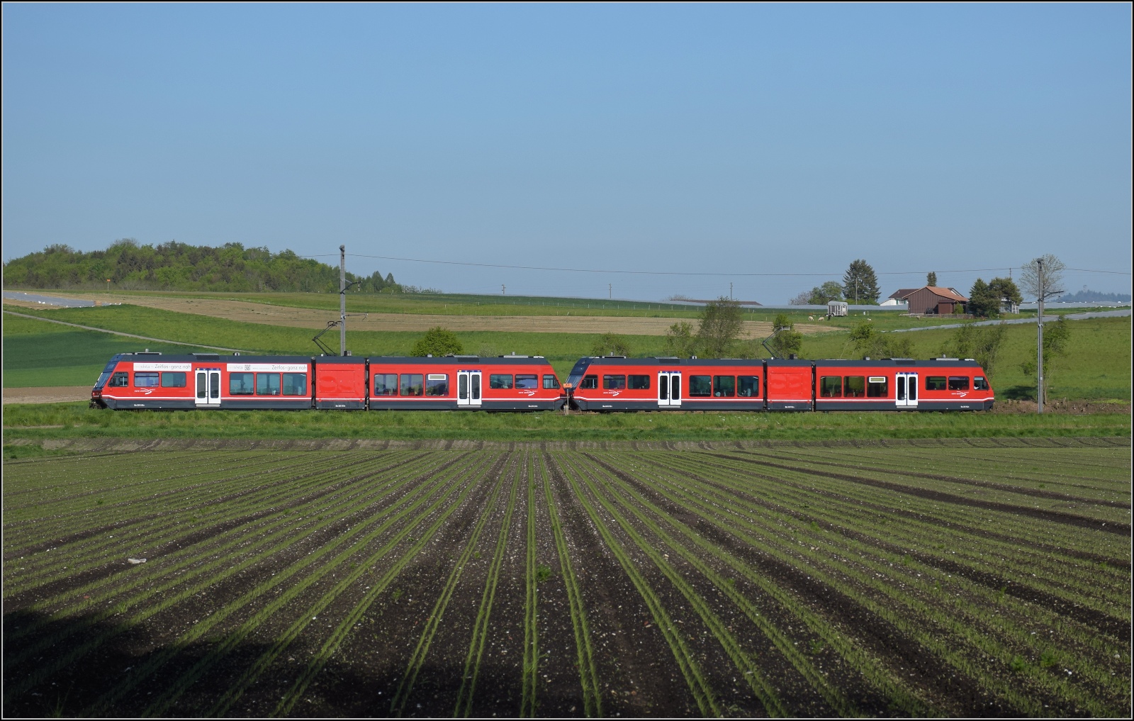 Auf der Biel-Täuffelen-Ins Bahn.

GTW Be 2/6 512 und GTW Be 2/6 513 der ASm bei Siselen. April 2022.