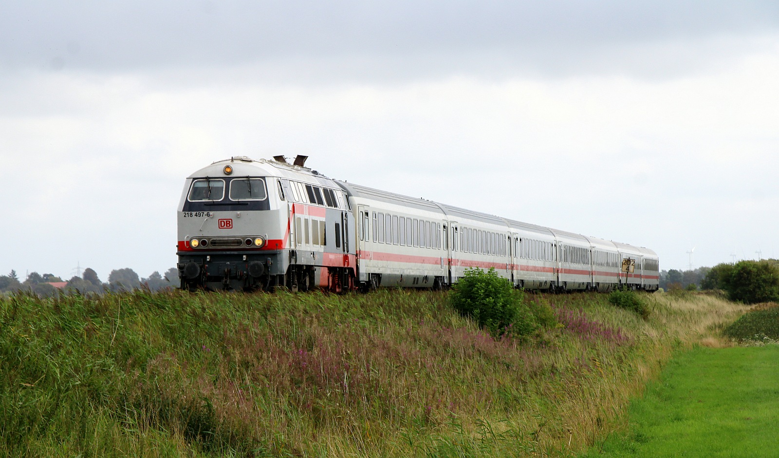 DB 218 497-6 mit IC nach Westerland aufgenommen am Bü Triangel. (C) Mara Mittmann 13.08.2023