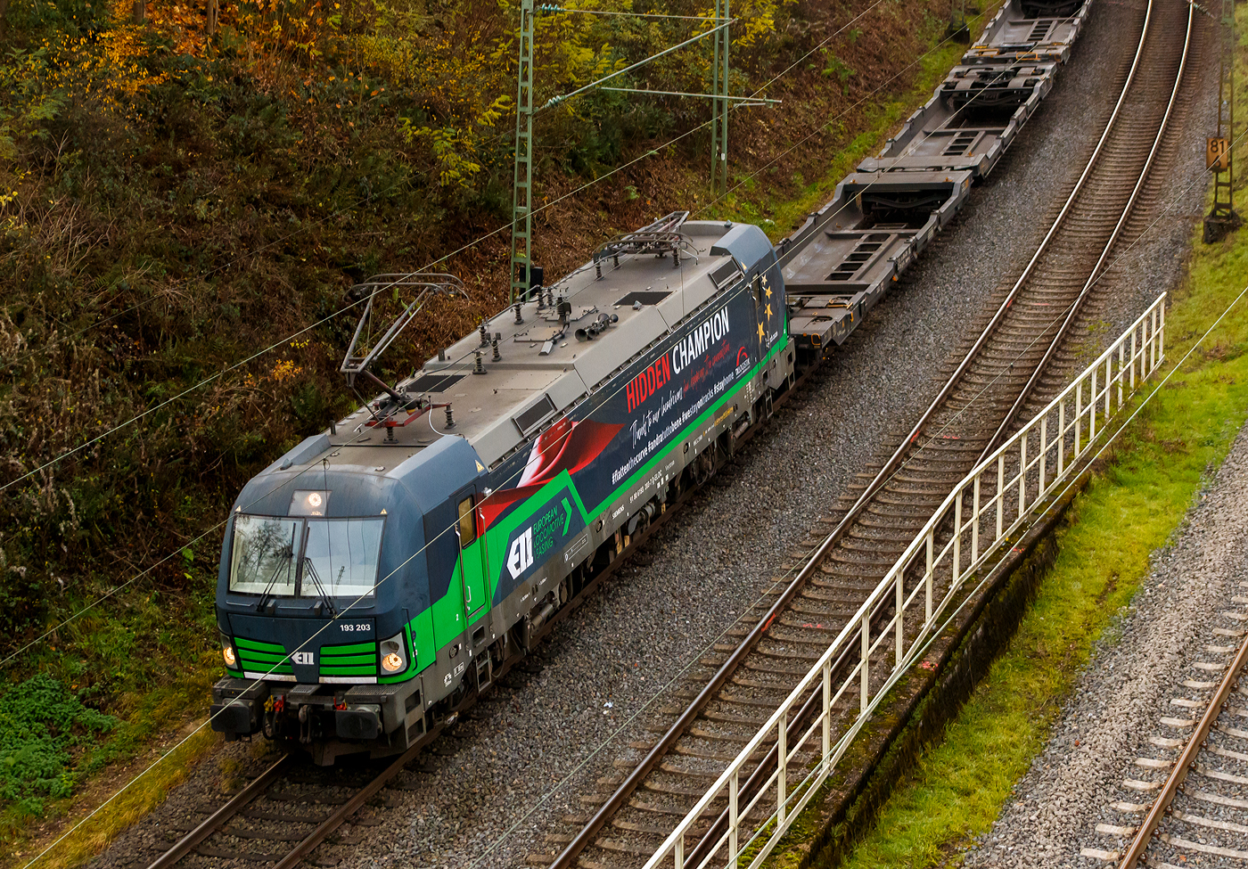 Die noch an die TXL - TX Logistik AG (Troisdorf) vermietete Siemens Vectron AC 193 203 (91 80 6193 203-7 D-ELOC) „HIDDEN CHAMPION“ (englisch für heimliche Gewinner oder unbekannte Weltmarktführer) der ELL Austria GmbH (European Locomotive Leasing, Wien), fährt am 13 November 2025 mit einem leeren Taschenwagenzug durch Betzdorf/Sieg in Richtung Siegen. Der Mieter TXL setzt nun auf eigene Vectron Loks, es wurden 40 modernen Vectron-Lokomotiven bei Siemens Mobility bestellt.

Die Siemens Vectron AC wurde 2014 von Siemens Mobility GmbH in München-Allach unter der Fabriknummer 21923 gebaut und an die der European Locomotive Leasing (Wien) geliefert. Diese Vectron Lokomotive ist als AC – Lokomotive (Wechselstrom Lok) in der Variante B01 mit 6.400 kW konzipiert und zugelassen für Deutschland und Österreich. So besitzt sie die Zugsicherungssysteme ETCS BaseLine 3, sowie für Deutschland PZB90 / LZB80 (CIR-ELKE I) und für Österreich (ETCS Level 1 mit Euroloop, ETCS Level 2, PZB90 / LZB80. 