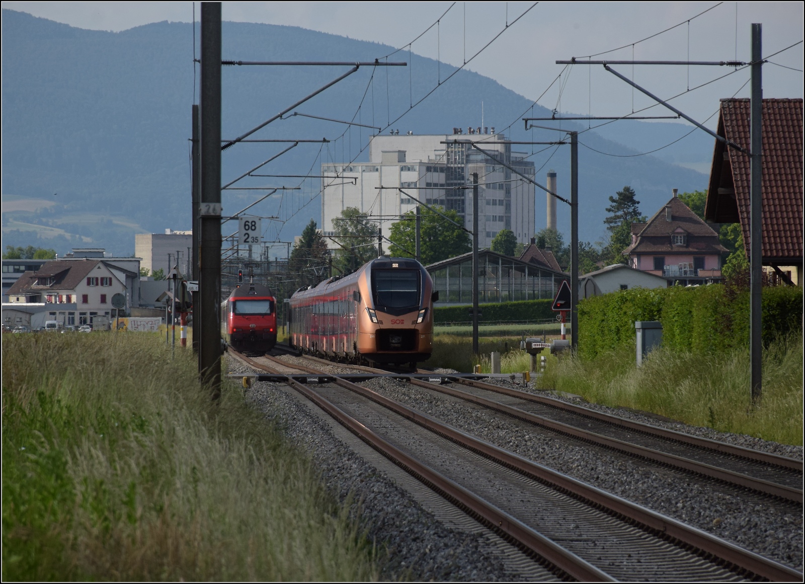 Fernverkehrstag auf der Altstrecke.

Via Burgdorf gibt es zumeist nur noch Güterverkehr, Nahverkehr und überregionale Züge nach Bern. Das Flirtpärchen RABe 526 111/211 der SOB ist seit nicht allzulanger Zeit für Letzteres zuständig. Gerade ist es dem Fernverkehrszug mit Re 460 016 begegnet. Bettenhausen, Juni 2023.