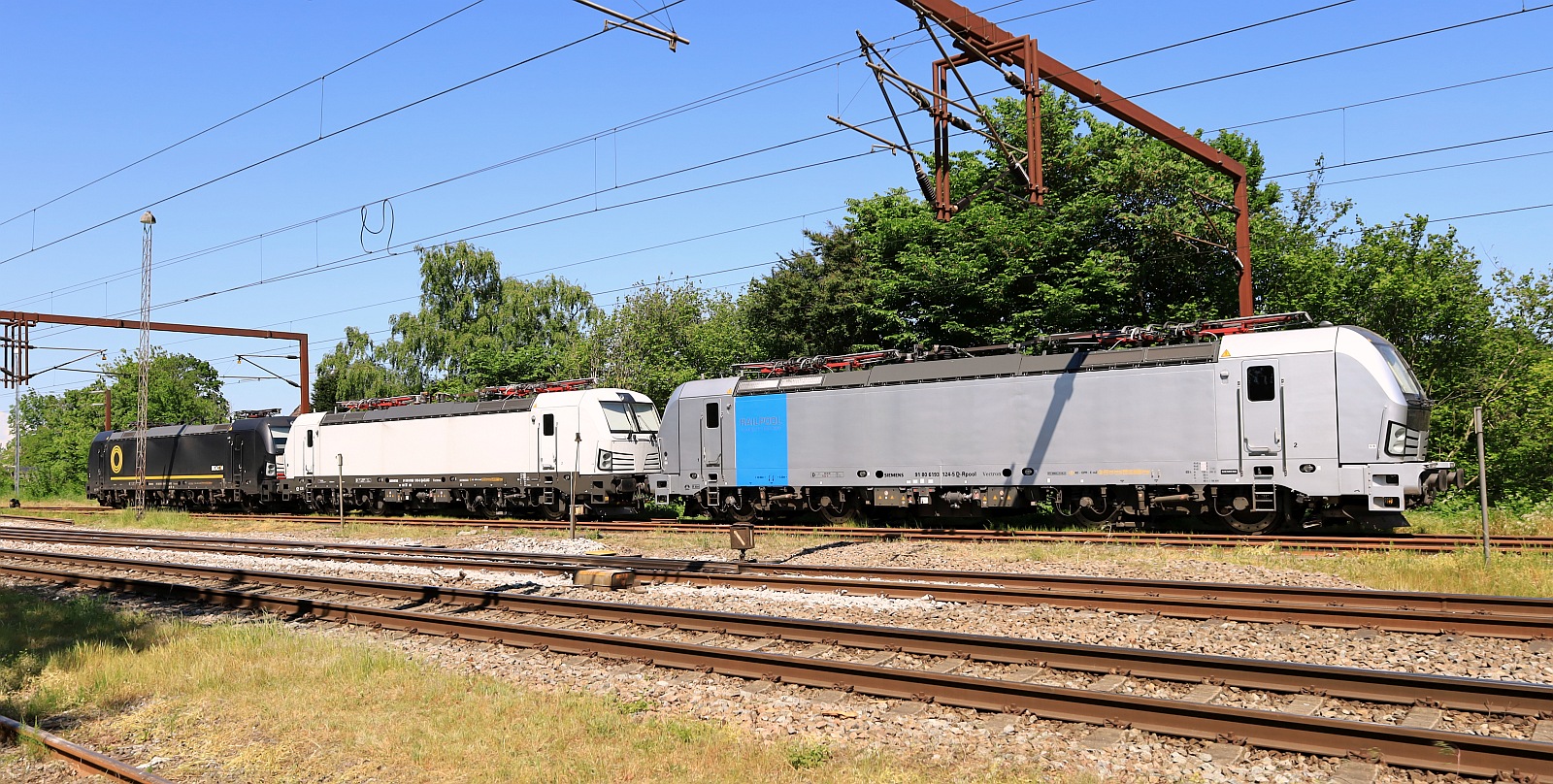 In der Südabstellung Pattburg abgestellt: TXL 193 124, ELL 193 513 und Beacon 193 614. 20.05.2024