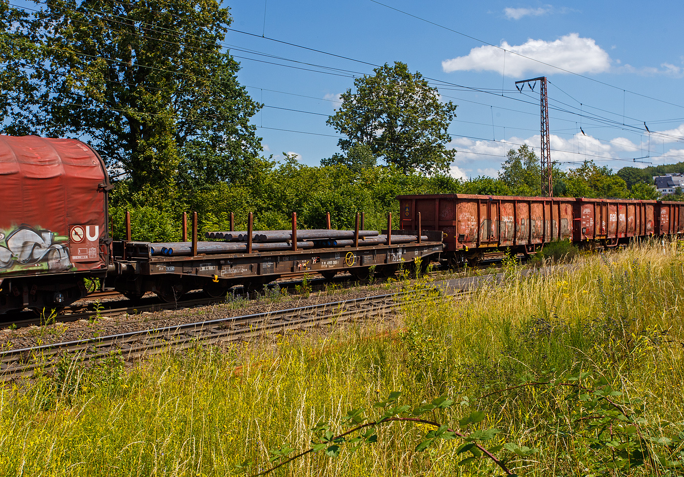 Sechsachsiger Drehgestell-Flachwagen (Schwerlastwagen), mit Einsteck-Rungen, Stirnwandklappen und klappbaren Ladeschwellen, jedoch ohne Seitenwandklappen, 31 80 4865 369-1 D-DB, der Gattung Samms 709, beladen mit Rundstahlknüppel (runde Stranggussblöcke), am 11 Juni 2024 im Zugverband bei einer Zugdurchfahrt durch Rudersdorf (Kreis Siegen) in Richtung Siegen bzw. Kreuztal. 

Der Wagen dient mit aufgeklappten Ladeschwellen zur Beförderung von schweren Walzprofilen und anderen sperrigen Gütern. Mit eingeklappten Ladeschwellen, also mit ebener Ladeebene, eignen sich die Wagen mit dem Nummernkreis 31 80 4865 000-2 bis 999-5 auch zum Transport schwerer Kettenfahrzeuge. Für das Be- und Entladen dieser Fahrzeuge sind befahrbare Stirnwandklappen und Abstützungen vorhanden. Bei den übrigen Wagen dieser Bauart wurden die Abstützungen stillgelegt. Wobei hier im Bild sind die Ladeschwellen eingeklappt, stattdessen wurden Vierkanthölzer auf den flachen Wagenboden untergelegt.

Die Wagenbrücke ist eine in Rahmenbauweise ausgeführte Schweißkonstruktion, deren Hauptbauteile aus St 52 bestehen. Die Hauptbelastungen werden von den äußeren Langträgern aus IPE 600 aufgenommen. Die Pufferträger sind so ausgebildet, dass später ohne große Änderungen die AK eingebaut werden kann.

Der Fußboden besteht aus Kiefernbohlen mit den Abmessungen 70 x 200 mm; er kann eine Radlast von 5,0 t aufnehmen. Im Fußboden sind 6 geteilte klappbare Ladeschwellen eingebaut. Das Fahrzeug hat auf jeder Längsseite 6 Einsteckrungen und an jeder Stirnseite je 2 versenkbare Rungen (Fallrungen). Die Stirnwandklappen sind umlegbar. Die Einsteckrungen lagern, wenn sie nicht gebraucht werden, in Taschen an den Außenlangträgern. Die abgesenkten Fallrungen liegen noch innerhalb des Umgrenzungsprofils, so dass der Wagen auch mit abgesenkten Fallrungen und umgelegten Stirnwandklappen gefahren werden kann. Die Wagen sind mit einer bodenbedienbaren Feststellbremse ausgerüstet. 

Die Wagen sind mit einer bodenbedienbaren Feststellbremse ausgerüstet. Einige Wagen aus dem Nummernkreis 31 80 4864 000 bis 516 sind für bestimmte Verkehre (runde Stranggussblöcke) mit 3-teiligen Ladeeinheiten (Ladegestelle) ausgestattet. Hierfür gelten besondere Beladungs- und IH-Anweisungen.

TECHNISCHE DATEN:
Gattung: Samms 709 (Gattungskennzahl 4865)
Erstes Baujahr: 1977
Spurweite: 1.435 mm (Normalspur)
Länge über Puffer: 16.400 mm
Drehzapfenabstand: 9.150 mm
Radsatzstand in den Drehgestellen: 2 x 1.700 mm = 3.400 mm
Drehgestell-Typ: BA 711.5
Ladelänge: 15.000 mm
Ladebreite: 2.585 mm (zwischen den Rungen)
Fußbodenhöhe über SO: 1.200 mm
Ladefläche: 46 m²
Eigengewicht: 30.050 kg
Zuladung bei Lastgrenze S: 74,5 t (ab Streckenklasse D)
Zuladung auf DB Netz bei Streckenklasse CE/D: 89.5 t (max.100 km/h)
Max. Zuladung: 101,5 t
Max. Geschwindigkeit: 100 km/h (beladen) / 120 km/h (leer)
Kleinster Gleisbogenhalbmesser: 75 m
Bauart der Bremse: KE-GP (LL) 
Bremssohle: IP 116
Handbremse: Ja
Internationale Verwendungsfähigkeit: RIV
