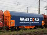   Shimmns Wascosa Drehgestell-Flachwagen mit Schiebeplane für Coiltransporte mit Nummer 37 TEN 80 D-WASCO 4668 685-3 Güterbahnhof Oberhausen West Deutschland 18-08-2022.
