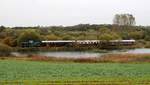 DSB MT 152 überquert mit ihren Zug auf einem Damm einen Teich am westlichen Ortsausgang von Hadersleben 19.10.2017