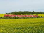 Durch die Rapsfelder bei Großschwabhausen fahren am 11.5.15 diese 612er Richtung Weimar.