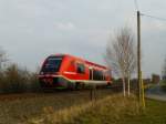 RB53 Gotha-Langensalza zur vor dem Erreichen des Endbahnhofes Bad Langensalza am 7.3.16, 641 023