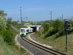 Dreiteiliger Regioshuttlezug Richtung Arnstadt in Neudietendorf. Vorne VT 010 der EB, dahinter zwei STB-Einheiten. 19.54.18.