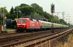 120 501-2/120 153-2 der DB Systemtechnik Minden  Bahntechnik mit Kompetenz  konnte am 06.07.2012 im Bahnhof Schleswig beim Halt mit dem IC79/IC2410  Hanseat  aus Köln festgehalten werden.