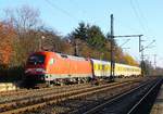 Der DB Systemtechnik Minden Schallmesszug mit Zuglok 182 506 fuhr am 26.11.2014 als ST 68916(Lüneburg-Flensburg)durch Schleswig.