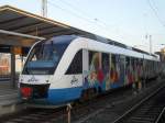 BUGA-Express VT706 von OLA Ostseeland Verkehr GmbH wartet als OLA79755 von Rostock Hbf nach Gstrow kurz vor der Abfahrt um 07.02 Uhr im Rostocker Hbf.(15.04.2011)