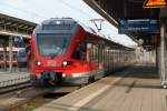 DB-Regio Flirt als Ersatzzug(RE 94104)von Rostock Hbf bis Blankenberg(Meckl)kurz vor der Ausfahrt im Rostocker Hbf.22.04.2012