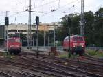 Treffen im Bahnhof Stralsund links steht 115 346-9 und rechts 218 832-4.