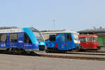 3 Generationen EVB Triebwagen ausgestellt im Bremervörder Bahnhof. Datum: 30.09.2023.