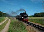 99 1782 durchfhrt ohne Halt am 17.Juni 2010 den Bahnhof Seelvitz.