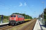 218 261-6 der Bahnbau Gruppe mit zwei Flachwagen am Haltepunkt Demker und fuhr in Richtung Magdeburg weiter.