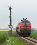 218 344-0 und 364-8 passieren hier mit dem SyltShuttle den Bü Lehnshallig und werden in wenigen Minuten in Niebüll sein.