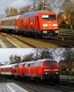 Zukunft und Vergangenheit...oben die neue Variante des SyltShuttles mit Zuglok 1245 021-1 und unten die noch aktuelle Variante des SyltShuttles mit 1218 307-7 und 386-1 beide heute bei der Einfahrt in