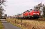 DB 218 389-5 und 218 380-4 mit IC Umleiter 2375 Westerland-Karlsruhe festgehalten bei Rosendahl ca.5km vor Husum.