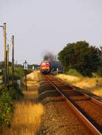 DB 233 233-6 mit Gz nach Esbjerg festgehalten an einem der vielen Bahnübergänge zwischen Jübek und Sollbrück.