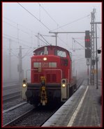 DB 295 027-7 inzwischen ja an ein privates EVU verkauft und in grau/grün unterwegs dieselt hier bei Morgennebel durch HH-Harburg.