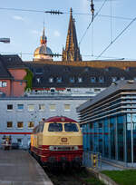 Die 218 105-5 (92 80 1218 105-5 D-NESA) der NeSA Eisenbahn-Betriebsgesellschaft Neckar-Schwarzwald-Alb mbH (Rottweil), in den, TEE-Farben purpurrot/beige.