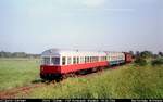 NVAG T3 mit FSF Kurswagen, Maasbüll 28.06.1986. Heute steht der Triebwagen als ausgebranntes Gerippe(2012)in Kiel-Meimersdorf (DigiScan 024)