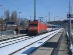 101 039-6 mit dem EC 379 Binz-Brno,am 01.April 2012,bei der Einfahrt in Bergen/Rgen.