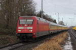 101 001-6 mit IC 2301(Warnemünde-München)bei der Durchfahrt im Haltepunkt Rostock-Bramow.14.01.2017 