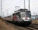 115 509-2 80 Jahre DB AutoZug  mit IC 2239 von Rostock Hbf nach Leipzig Hbf bei der Ausfahrt im Rostocker Hbf.28.02.2014