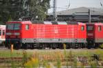 143 358-0(DB Regio AG-Region NRW)stand gemeinsam mit 112 183 abgestellt im BW Rostock Hbf.14.08.2015