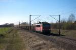 155 148-0 DB Schenker Rail Deutschland AG mit einem E-Wagen Ganzzug in Brandenburg(Havel) und fuhr in Richtung Werder(Havel) weiter.