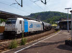 Die an die RTB Cargo - Rurtalbahn Cargo vermietete Railpool 186 428-9 (91 80 6186 428-9 D-Rpool) fährt am 18 Juni 2025 mit einem Kesselwagenzug durch Betzdorf/Sieg in Richtung Köln.
