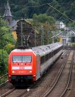 DB 101 097-4 mit einem unbekannten IC/EC verlässt Bacharach am 14.09.2013