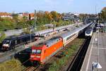 Dank einiger Umleitungen volles Haus in Buchholz...MRCE/Veolia 6 182 534 mit HKX nach Köln DB 6 101 010-7 mit einem IC nach Hamburg und ME 6 146 538-3 mit einer ME nach Hamburg alle zusammen