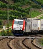 Kombiverkehr 185 664-0 mit dem  Ekol  KLV-Zug festgehalten am Bü kurz vor Oberwesel/Rhein.