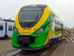   Der neue zweiteilige Newag Dieseltriebwagen 222M für die Koleje Mazowieckie (deutsch Masowische Eisenbahnen) wurde von NEWAG Spółka Akcyjna auf der InnoTrans 2014 (hier am 26.09.2014)
