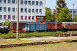 Der vierachsige (Drehgestell) schmalspurige (750 mm) gedeckte G�terwagen mit Bremserb�hne 81-Gw der ehemaligen Tessiner Schmalspurbahn GmbH hier am 16 Mai 2022 beim Mecklenburgisches Eisenbahn- und