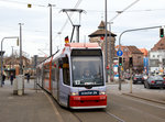  Der Triebwagen 1108 ein ADtranz GT8N-2 der VAG (Verkehrs-Aktiengesellschaft N�rnberg) f�hrt am 28.03.2016 vom Hauptbahnhof N�rnberg als Linie 9 in Richtung Doku-Zentrum.