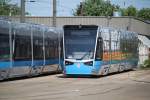 Die Straenbahn vom Typ Vossloh 6N2 stand am 30.05.2014 auf dem Gelnde der Rostocker Straenbahn AG,bis auf weiteres drfen sie nocht nicht fahren voraussichtlich mitte Juni oder Juli soll es dann