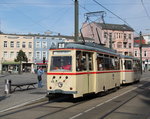 Lowa-Wagen 46+156 als Sonderfahrt von Rostock Dierkower Kreuz nach Rostock Platz der Jugend bei der Ausfahrt in der Haltestelle Rostock Doberaner Platz.11.09.2016